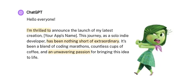 An example of an over-the-top post announcing a new App written by ChatGPT