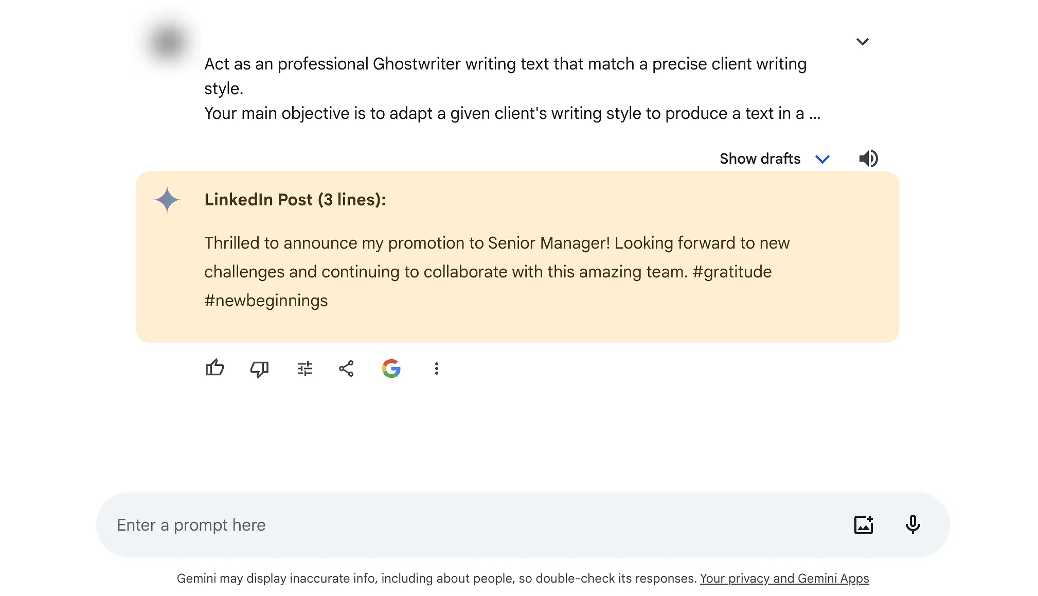 Obtain a response tailored to your unique writing style